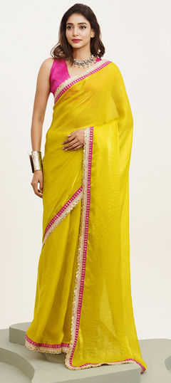 Yellow color Saree in Satin Silk fabric with Lace, Sequence work