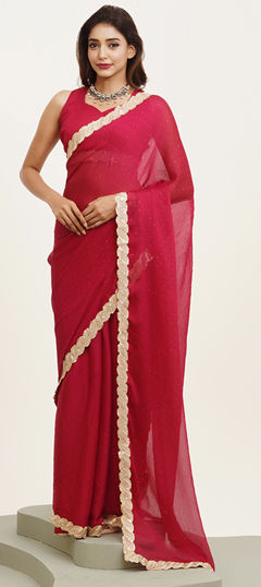 Red and Maroon color Saree in Chiffon fabric with Lace, Sequence work