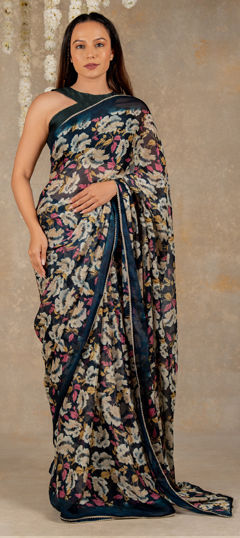 Blue color Saree in Chiffon fabric with Floral, Lace, Printed work