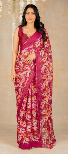 Pink and Majenta color Saree in Chiffon fabric with Floral, Lace, Printed work