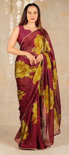 Red and Maroon color Saree in Chiffon fabric with Floral, Lace, Printed work
