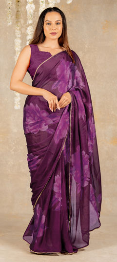 Purple and Violet color Saree in Chiffon fabric with Floral, Lace, Printed work