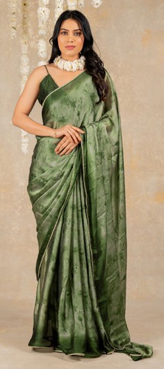 Green color Saree in Chiffon fabric with Floral, Lace, Printed work