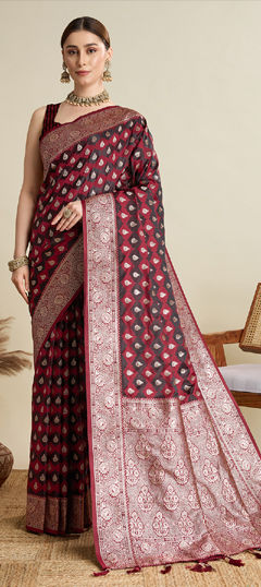 Red and Maroon color Saree in Satin Silk fabric with Weaving, Zari work