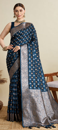 Blue color Saree in Satin Silk fabric with Weaving, Zari work