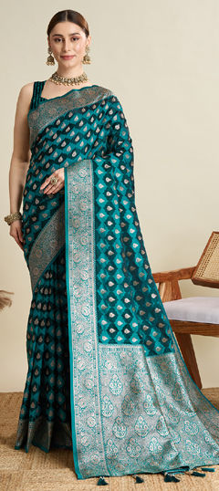 Green color Saree in Satin Silk fabric with Weaving, Zari work