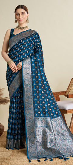 Blue color Saree in Satin Silk fabric with Weaving, Zari work