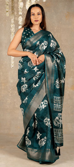 Blue color Saree in Blended Cotton fabric with Floral, Printed work