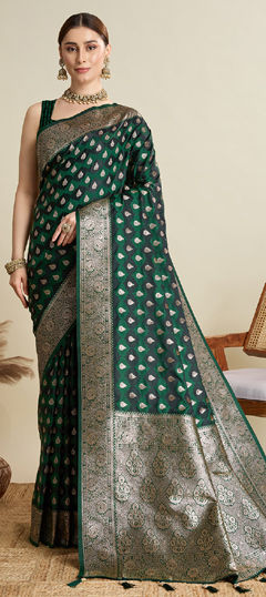 Green color Saree in Satin Silk fabric with Weaving, Zari work