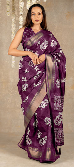 Purple and Violet color Saree in Blended Cotton fabric with Floral, Printed work