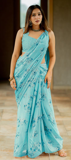Blue color Saree in Chiffon fabric with Floral, Printed work