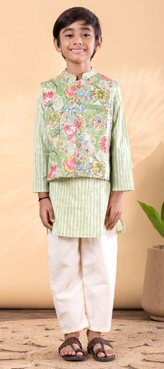 Green color Boys Kurta Pyjama with Jacket in Cotton fabric with Floral, Printed work