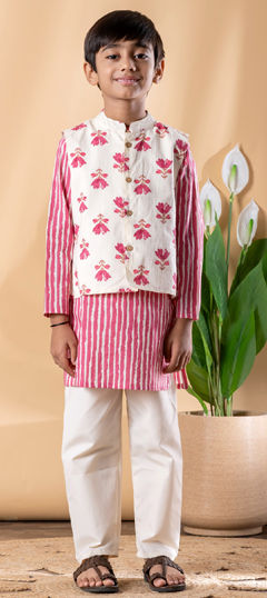 Pink and Majenta, White and Off White color Boys Kurta Pyjama with Jacket in Cotton fabric with Floral, Printed work