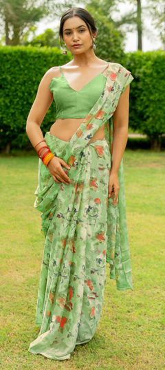 Green color Saree in Chiffon fabric with Floral, Printed work