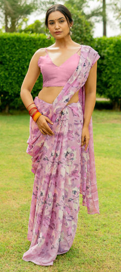 Pink and Majenta color Saree in Chiffon fabric with Floral, Printed work