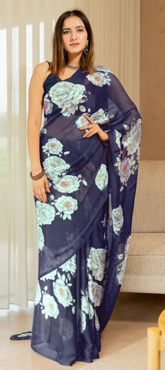 Blue color Saree in Chiffon fabric with Floral, Printed work