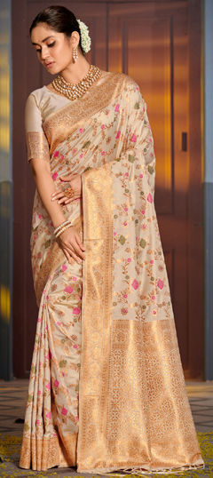 White and Off White color Saree in Banarasi Silk fabric with Weaving, Zari work