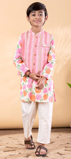Pink and Majenta, White and Off White color Boys Kurta Pyjama with Jacket in Cotton fabric with Floral, Printed work