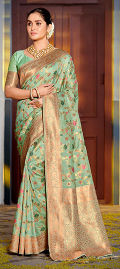 Green color Saree in Banarasi Silk fabric with Weaving, Zari work