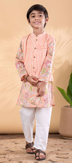 Pink and Majenta color Boys Kurta Pyjama with Jacket in Cotton fabric with Floral, Printed work