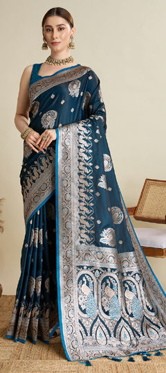 Blue color Saree in Satin Silk fabric with Weaving, Zari work