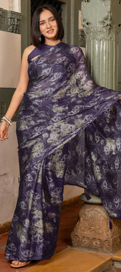 Purple and Violet color Saree in Chiffon fabric with Floral, Printed work
