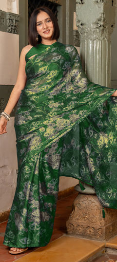 Green color Saree in Chiffon fabric with Floral, Printed work