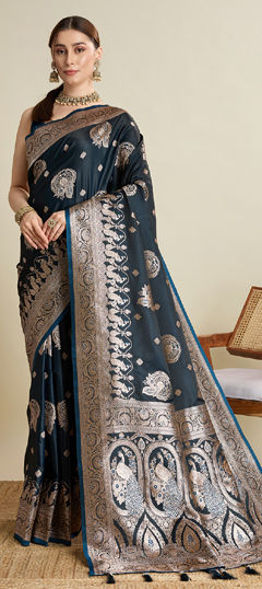 Blue color Saree in Satin Silk fabric with Weaving, Zari work