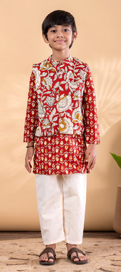 Red and Maroon color Boys Kurta Pyjama with Jacket in Cotton fabric with Printed work