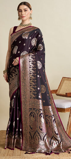 Purple and Violet color Saree in Satin Silk fabric with Weaving, Zari work