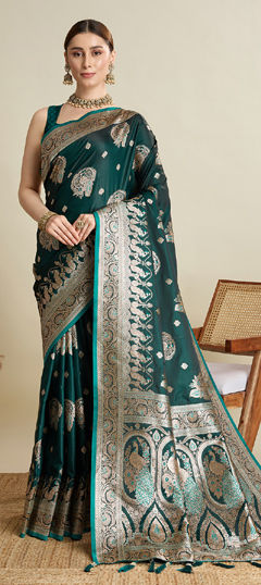 Green color Saree in Satin Silk fabric with Weaving, Zari work