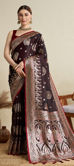 Red and Maroon color Saree in Satin Silk fabric with Weaving, Zari work