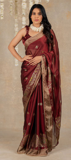 Red and Maroon color Saree in Chiffon fabric with Foil Print work