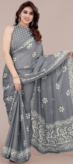 Black and Grey color Saree in Chiffon fabric with Block Print work