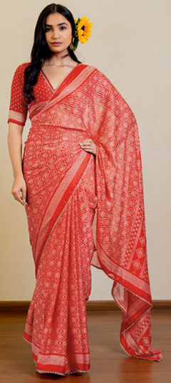 Red and Maroon color Saree in Chiffon fabric with Bandhej, Printed work