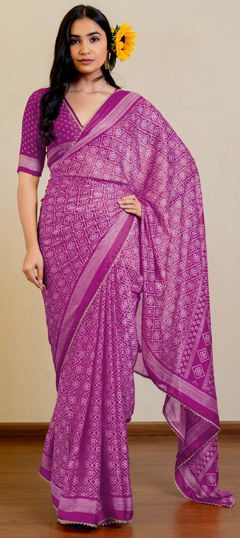 Pink and Majenta color Saree in Chiffon fabric with Bandhej, Printed work