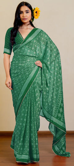 Green color Saree in Chiffon fabric with Bandhej, Printed work