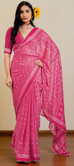 Pink and Majenta color Saree in Chiffon fabric with Bandhej, Printed work