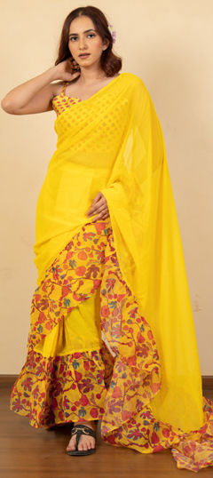 Yellow color Readymade Saree in Georgette fabric with Floral, Printed work