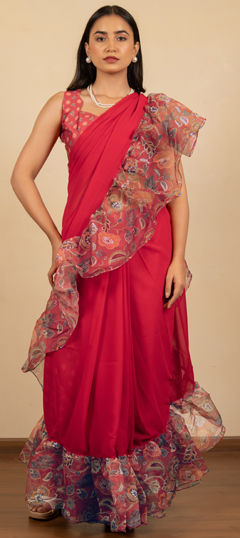 Red and Maroon color Readymade Saree in Georgette fabric with Floral, Printed work
