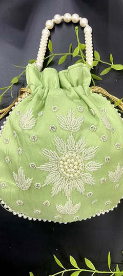 Green color Potli in Art Silk fabric with Moti work