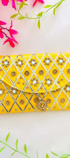 Yellow color Clutches in Art Silk fabric with Bugle Beads, Gota Patti, Mirror work