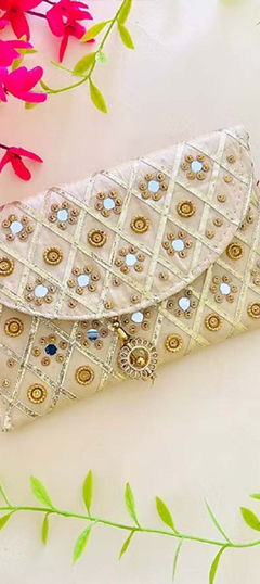 Beige and Brown color Clutches in Art Silk fabric with Bugle Beads, Gota Patti, Mirror work