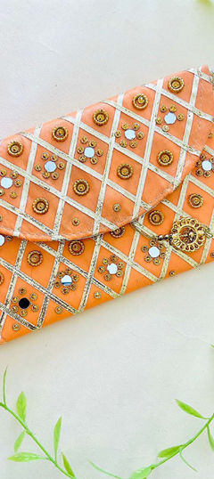 Orange color Clutches in Art Silk fabric with Bugle Beads, Gota Patti, Mirror work