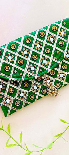 Green color Clutches in Art Silk fabric with Bugle Beads, Gota Patti, Mirror work