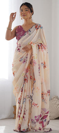 White and Off White color Saree in Faux Georgette fabric with Mirror, Printed work