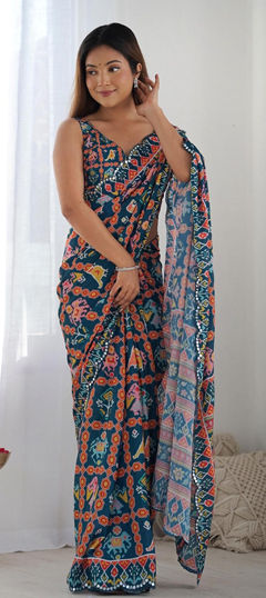 Blue color Saree in Faux Georgette fabric with Mirror, Printed work