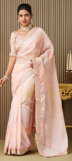 Pink and Majenta color Saree in Organza Silk fabric with Embroidered, Sequence, Thread work