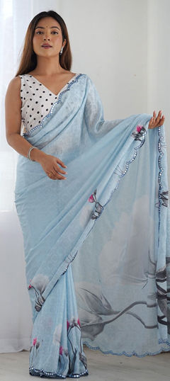 Blue color Saree in Faux Georgette fabric with Mirror, Printed work