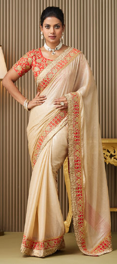 Beige and Brown color Saree in Chiffon fabric with Border, Embroidered, Stone work